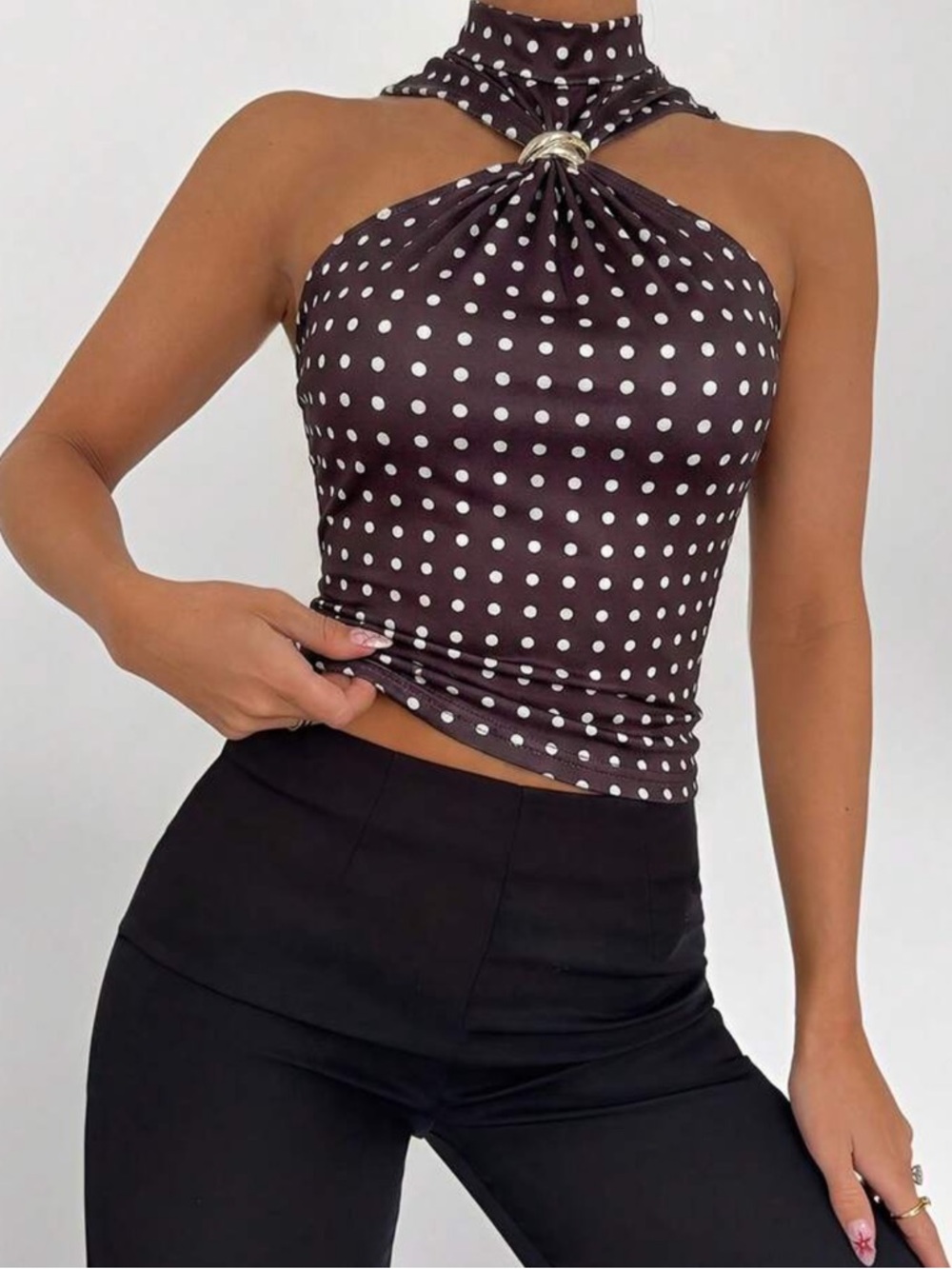 Polka Dot Halter Tank Top - Brown